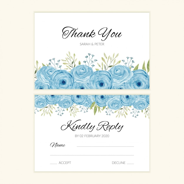 Modello di carta rsvp di nozze con decorazione rosa ad acquerello blu