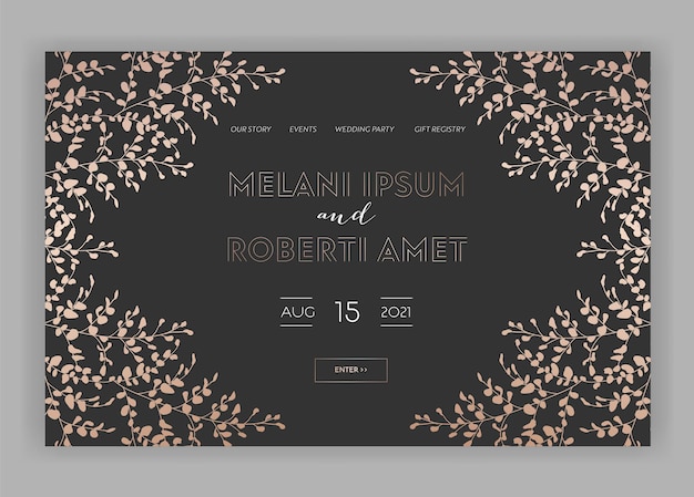 Wedding Salon Internet Shop Floral Landing Page Template. Spring Sale Banner Web Page Website with Gold Foiled Flowers. Wedding Invitation Romantic Design. Vector illustration