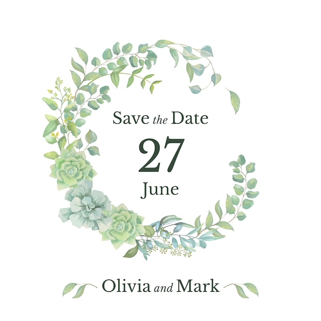 Wedding save the date card with floral wreath