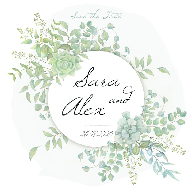 Wedding save the date card with watercolor green leaves