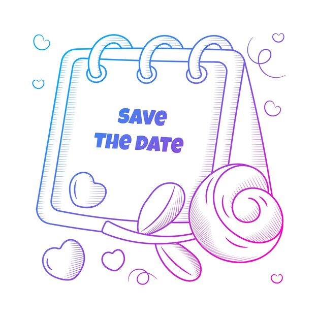 wedding save the date rose and calendar with hand drawn gradient outline style