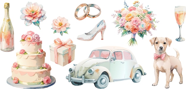 Wedding set of illustrations in warm shades for spring season