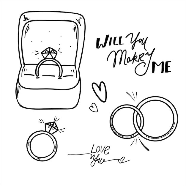 Set da sposa. anello vettoriale disegnare con diamante in stile doodle