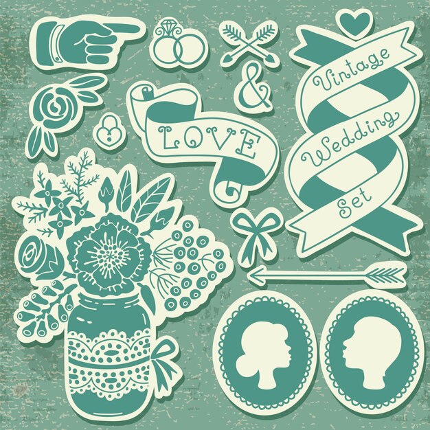 Vector wedding set of vintage design elements.