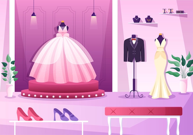 Negozio di nozze con gioielli bellissimi abiti da sposa e accessori adatti per poster nell'illustrazione
