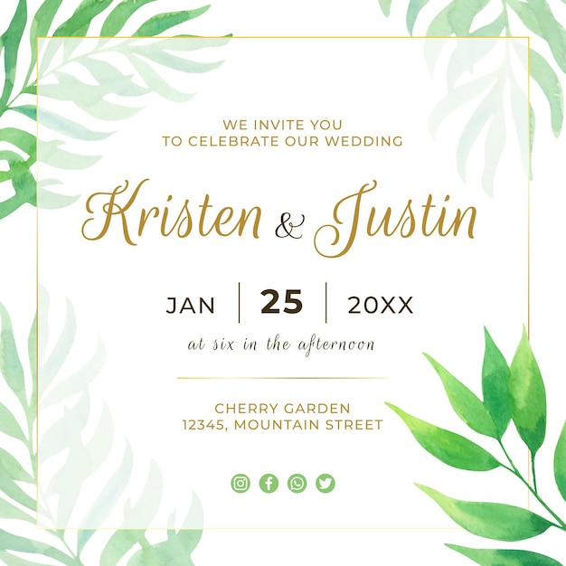 Wedding square flyer template with leaves