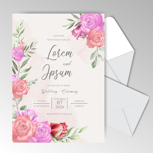 Wedding stationary template collection with watercolor roses and greenery