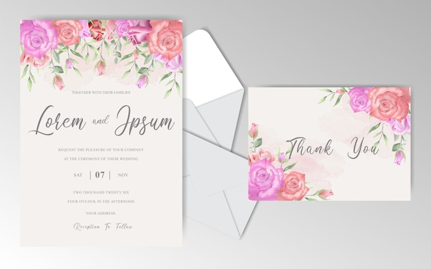 Wedding Stationary Template Collection with Watercolor Roses and Greenery