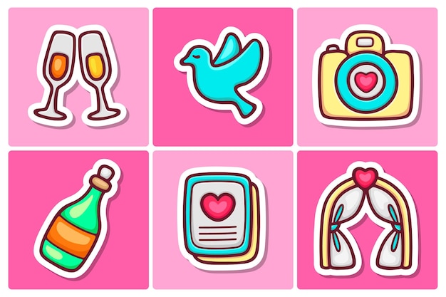 Wedding Sticker Icons Doodle Coloring Vector