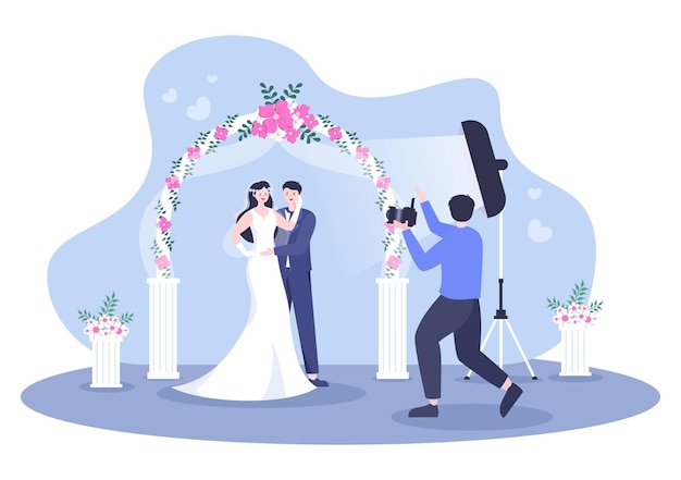 Vettore design piatto per foto in studio di matrimonio. il fotografo che fotografa il modello uomo e donna con un tema di matrimonio o una coppia di sposi usa la macchina fotografica in un'illustrazione vettoriale di stile del fumetto