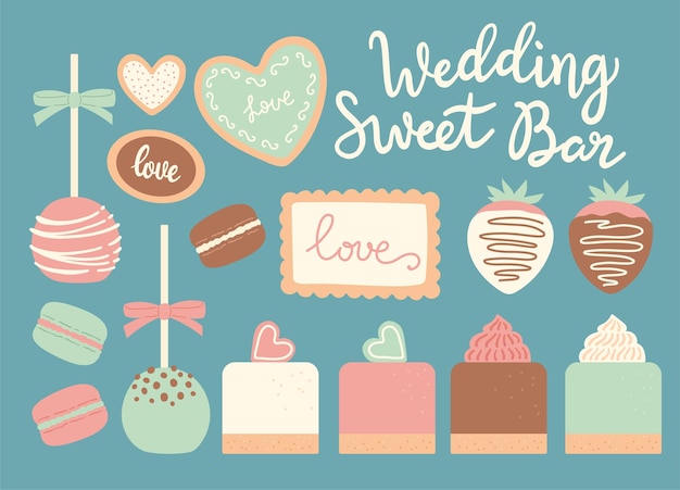 Wedding sweet bar set of vector illustrations popcake macaroon macaron strawberry in chocolate