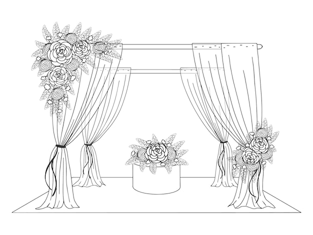 Vector wedding tent decorated with flowers. hand drawn image. graphic line style. vector illustration. isolated on white.