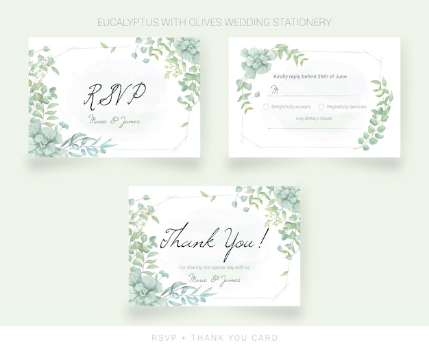 Wedding thank you card and RSVP with watercolor leaves