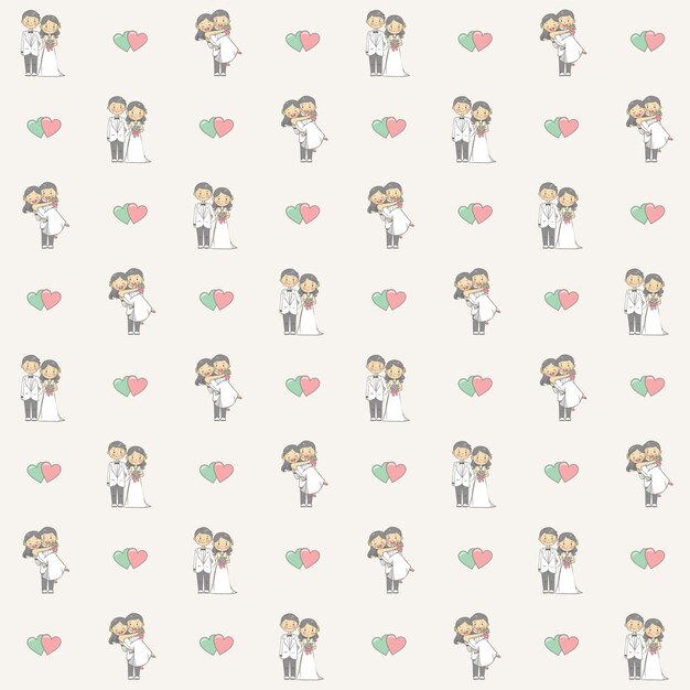 Wedding themed background with couple cartoon character seamless pattern