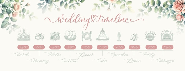 Vettore menu timeline del matrimonio il giorno del matrimonio con rose da giardino acquerellate