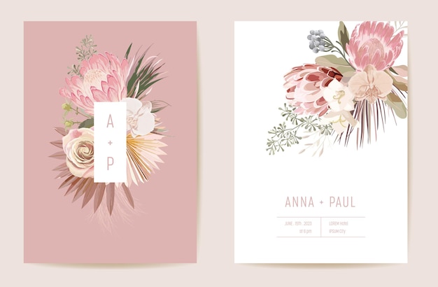 Wedding tropical floral invitation, dry protea flowers, dried palm leaves card, watercolor template vector. Botanical Save the Date foliage cover, modern poster, trendy design, luxury background