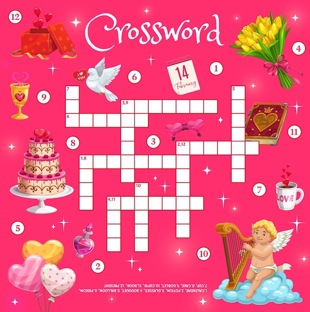 Wedding valentine cupids crossword worksheet game