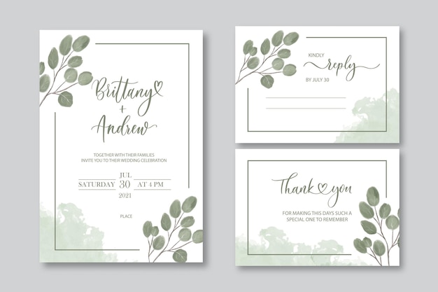 Wedding vector floral invite invitation thank you reply watercolor design set eucalyptus green leaves elegant greenery