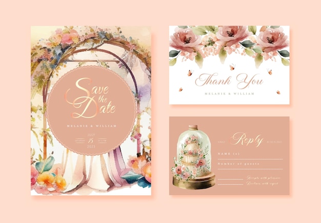 Wedding vector floral invite invitation thank you rsvp card watercolor design set garden flower pink peach flowers