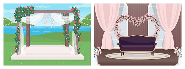 Набор плоских цветных иллюстраций места для свадьбы