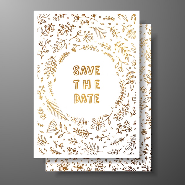 Wedding vintage invitation, save the date card with golden twigs and flowers.