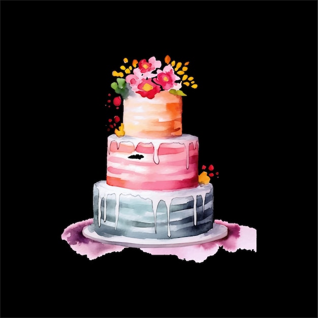 花で飾られたウェディング水彩ケーキのベクトル