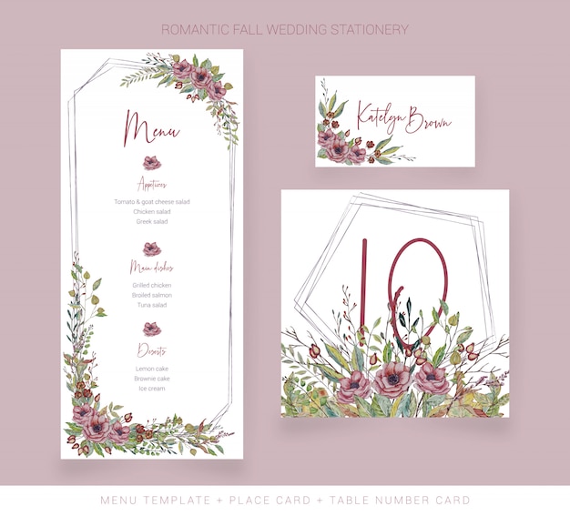 Wedding watercolor menu, table number and number card