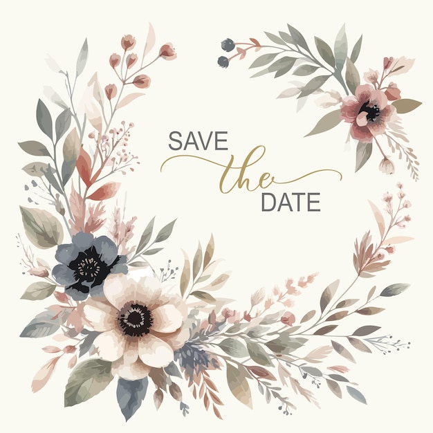 Wedding watercolor round frame with elegant greenery botanical leaf and flowers Save the date