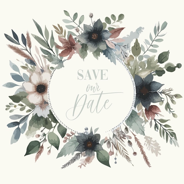 Vector wedding watercolor round frame with elegant greenery botanical leaf and flowers save the date