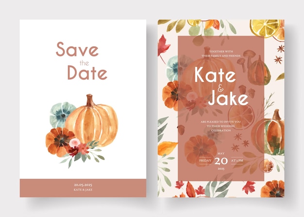 Vector wedding watercolor set with cute pumpkins, oranges and leaves. warm and cozy. save the date and invitation template. vector.