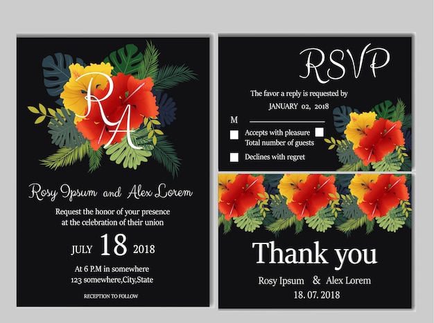 Wedding wet of invitation cards with flowers elements