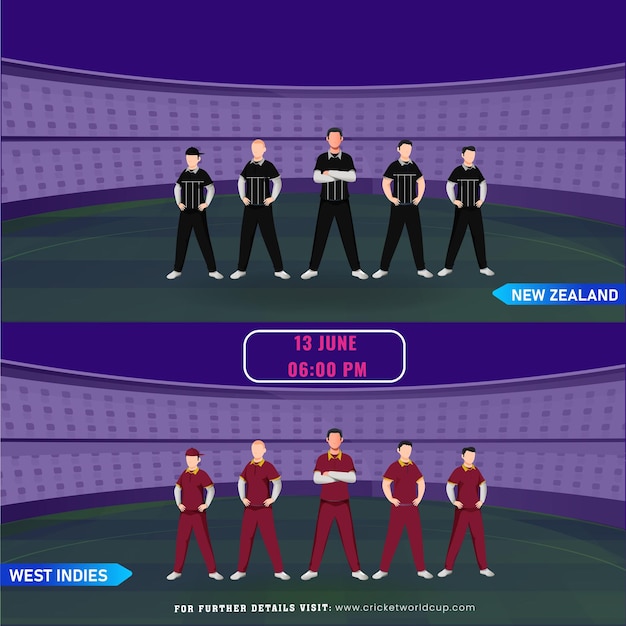 Vector wedstrijd tussen nieuw-zeeland en west-indië cricket speler team op stadion advertising poster design