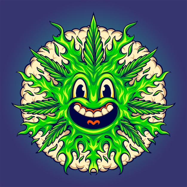 Vector weed leaf cute emoji with smoke bubble illustrations