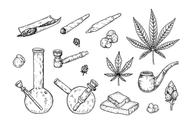 Vettore strumenti per fumare erba giunto di cannabis spliff di marijuana disegnato a mano bong di canapa di vetro