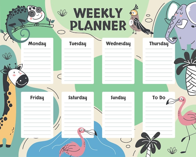 Week planner cute animal jungle agenda africa graphic design illustration