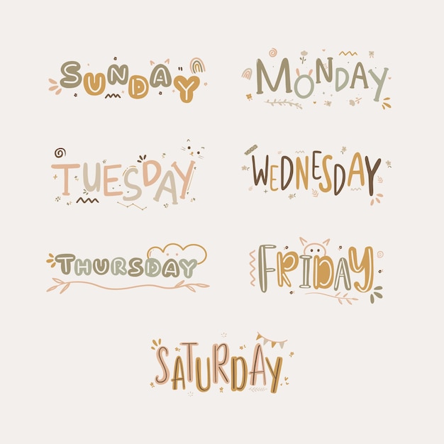 Vector weekdays letter doodle collection