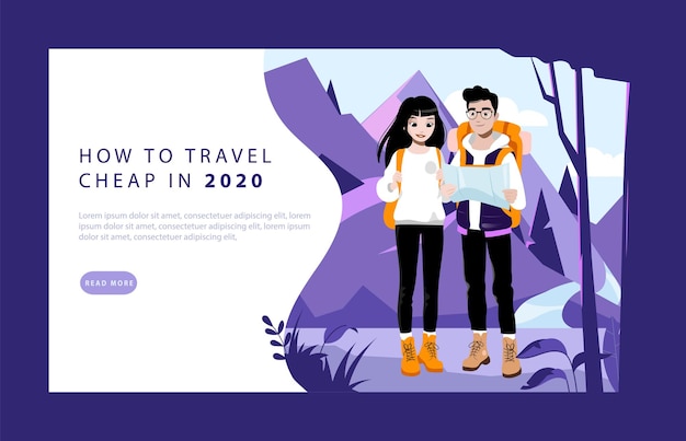 Weekend adventure and hiking concept. website landing page. couple of young tourists with backpacks. male and female characters are going hike on mountains. web page cartoon flat vector illustration.