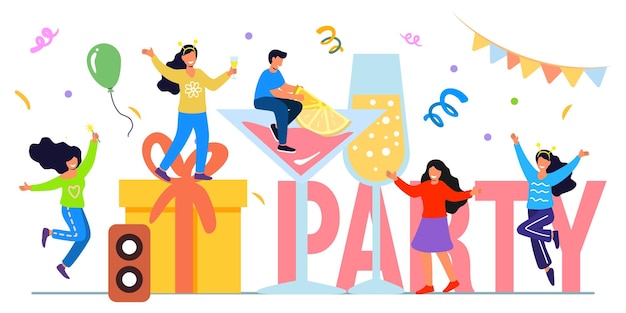 Вечеринка выходного дня, плоская крошечная последняя рабочая неделя, люди, векторная иллюстрация концепции