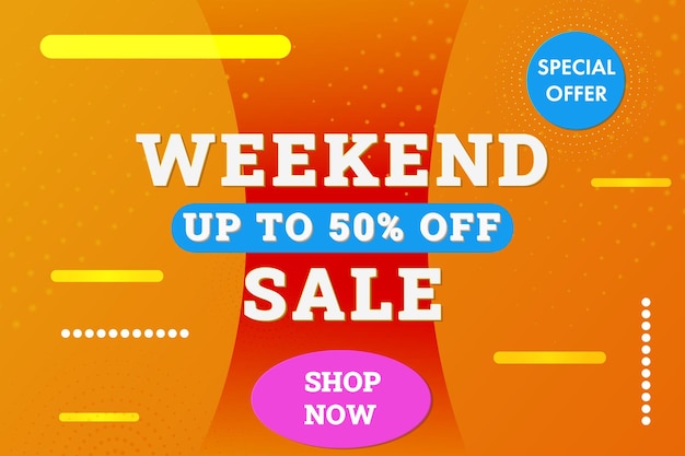 Vector weekend sale horizontale bannerachtergrond tot 50 korting op verkoopbannersjabloon voor korting