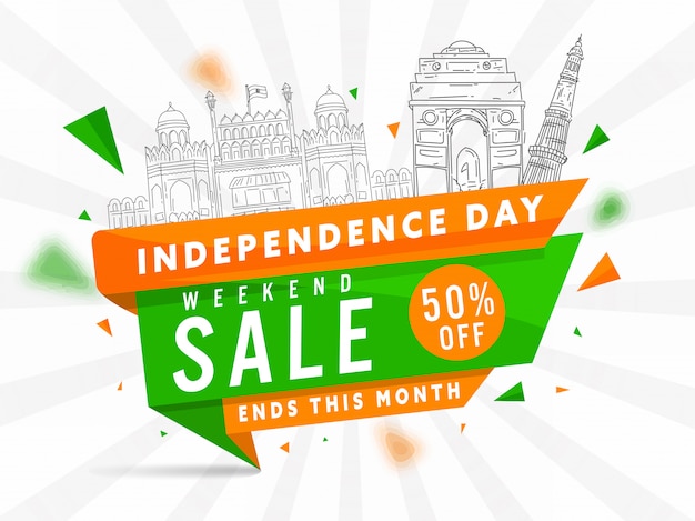 Weekend sale poster en line art india beroemde monumenten op witte stralen achtergrond voor independence day.