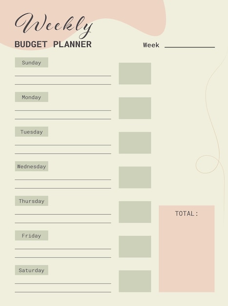 Vettore pianificatore di budget settimanale. modello di pianificatore finanziario. pagina dell'organizzatore aziendale.