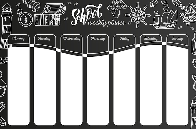 칠판에 주간 일정입니다. 검은 칠판에 7 일 계획. 학교 시간표