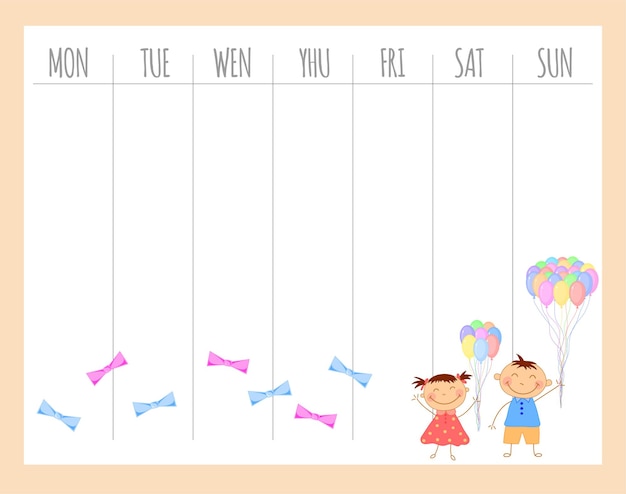 Vector weekly children's planner with children, vector graphics.