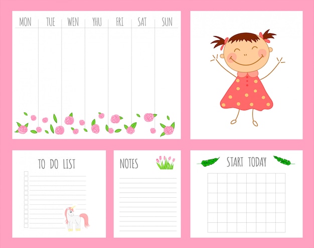 Weekly children's planner with girl, unicorn and flowers