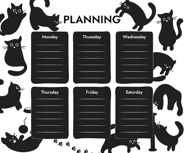 Weekly class schedule template for learning or working with funny black cats Vector illustration