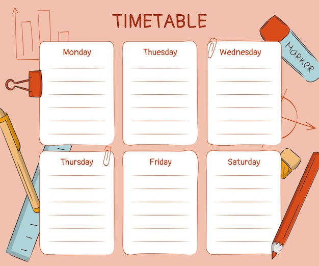 Weekly class schedule template for study or work with yellow smiling emoji vector illustration