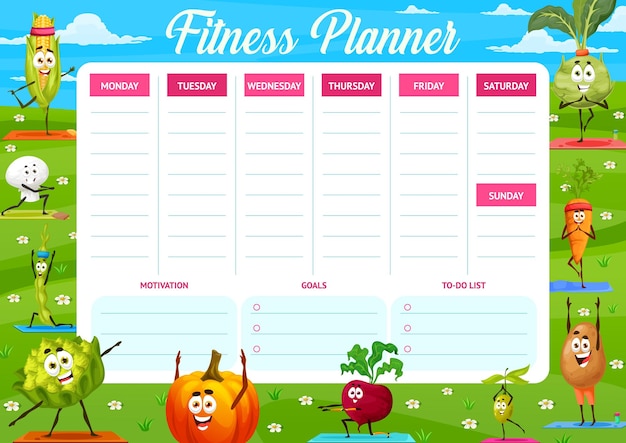 Vector weekly fitness planner schedule with cartoon vegetables vector agenda calendar for gym fitness planner for workout diet and sport exercises with goals motivation and todo list notes on timetable