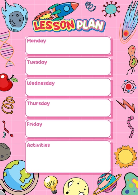 Vettore modello di piano di lezione settimanale dal lunedì al venerdì