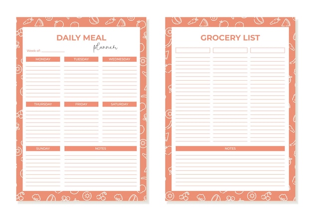 한 달 또는 한 주의 주간 식사 및 다이어트 플래너 인쇄 가능한 템플릿 식품 쇼핑 목록 벡터
