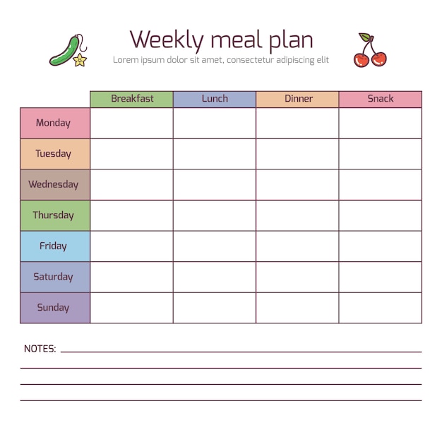 Weekly meal plan, mealtime vector diary